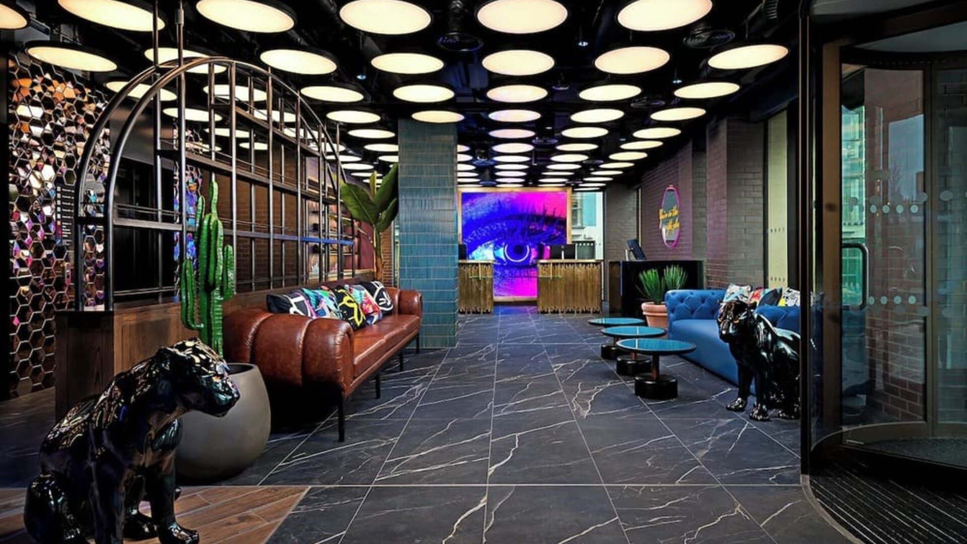 Hotel entrance and lobby at NYX Dublin Portobello.