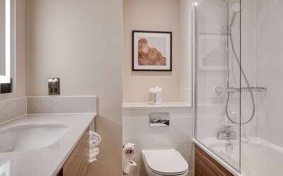 Guest bathroom with shower and tub at DoubleTree by Hilton Dartford Bridge.