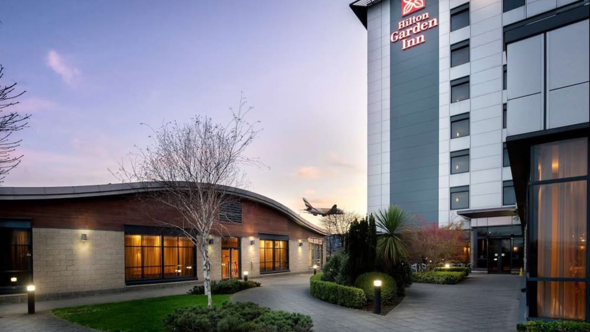 Hotel exterior at Hilton Garden Inn London Heathrow Airport.