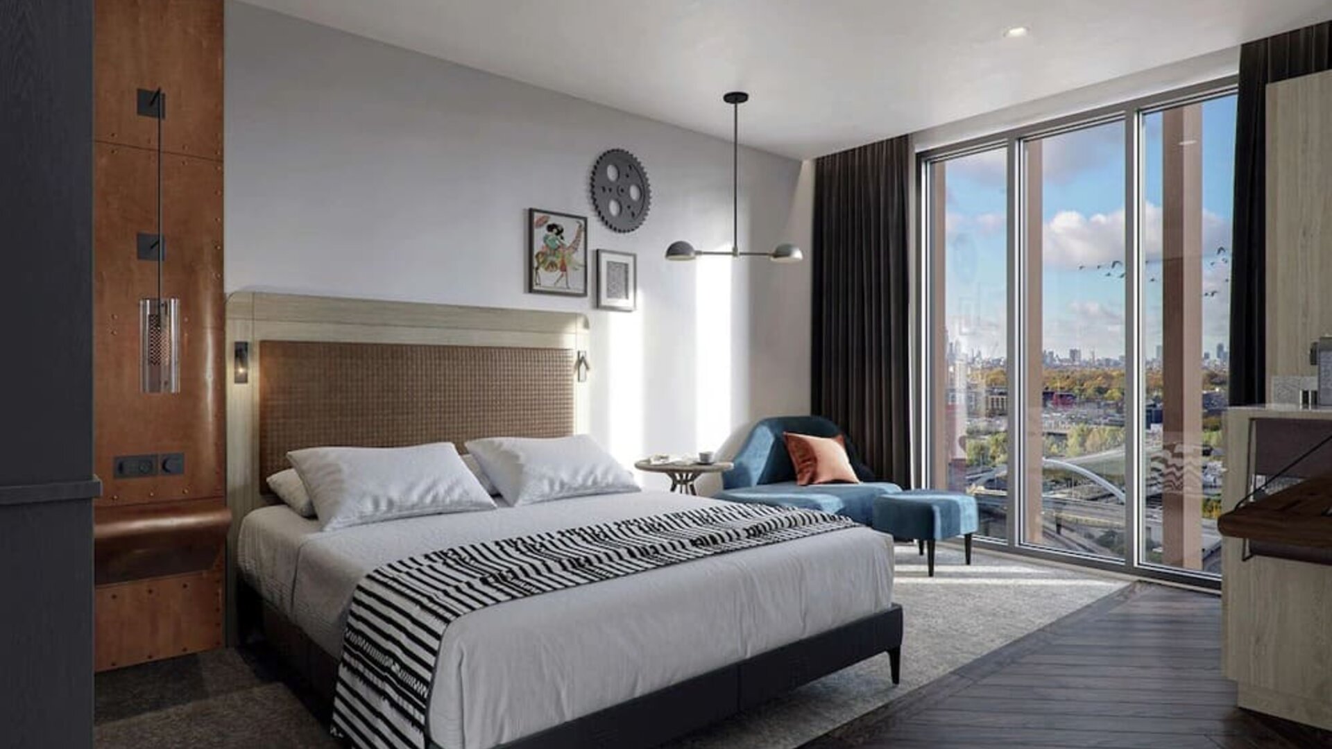 Bright king bedroom with view at The Gantry London, Curio Collection By Hilton.