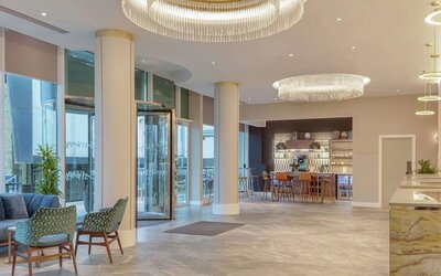Lobby and coworking lounge at Hilton London Angel Islington.