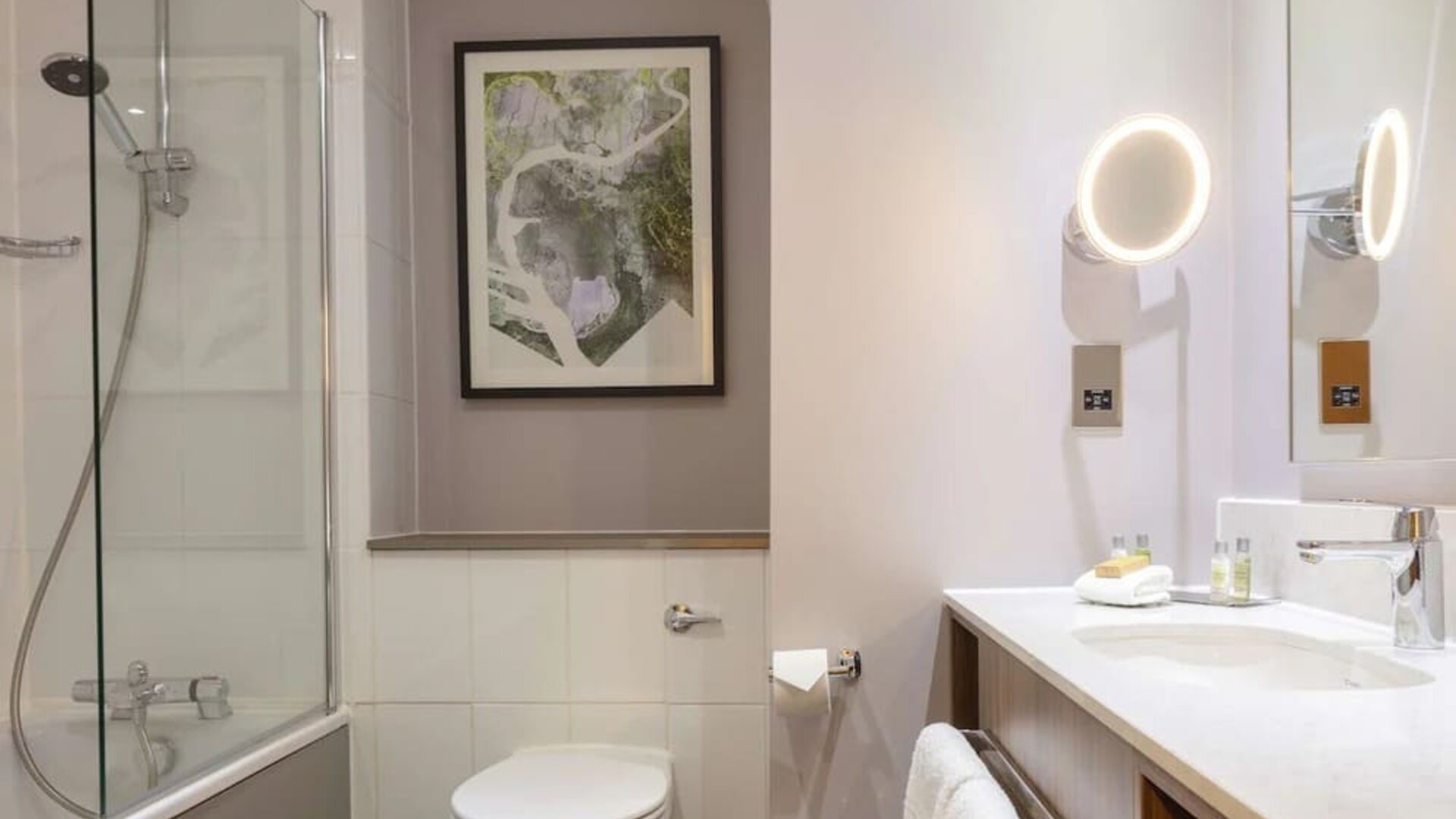 Guest bathroom with shower at DoubleTree By Hilton Edinburgh Airport.