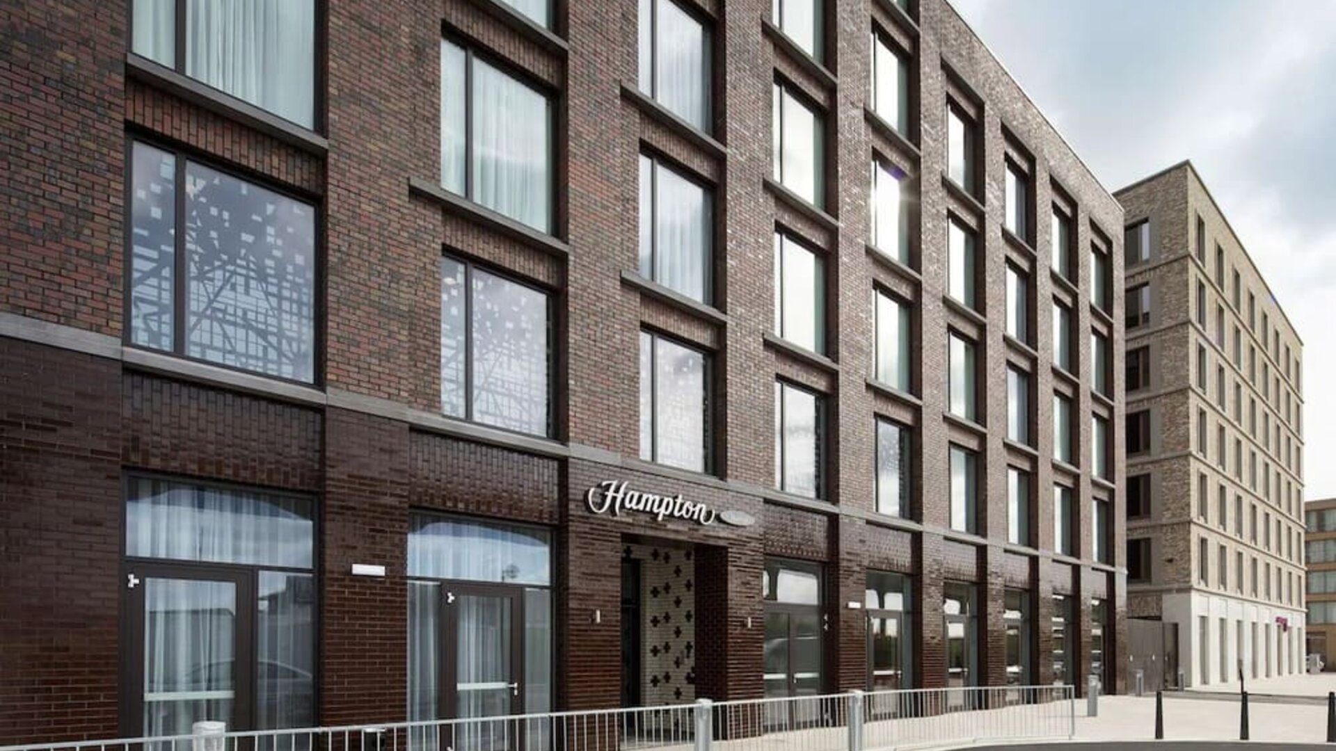 Hotel entrance at the Hampton by Hilton London Docklands.