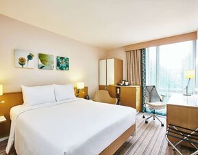 Bright hotel room with working station at the Hilton Garden Inn Birmingham Brindleyplace.