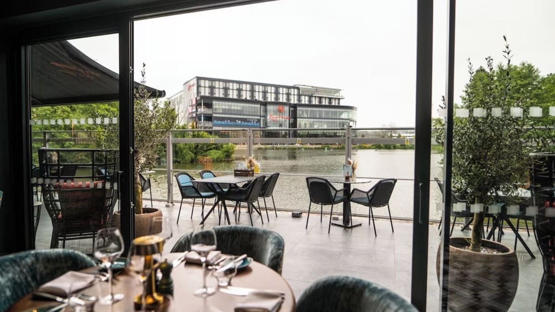 Beautiful veranda with lake view perfect for co-working at the Hilton Birmingham Metropole.