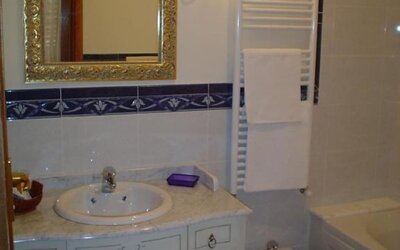 Elegant bathroom featuring a marble vanity, bathtub with shower, bidet, heated towel rail, and ornate mirror.