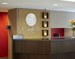 Reception desk with Comfort Inn logo, fresh flowers, and modern accent lighting behind the front counter at Comfort Inn Boucherville.