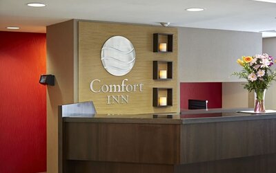 Reception desk with Comfort Inn logo, fresh flowers, and modern accent lighting behind the front counter at Comfort Inn Boucherville.