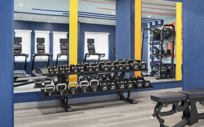 Fitness center with free weights, kettlebells, benches, and mirrored workout wall at Hampton Inn By Hilton Montreal East Anjou.
