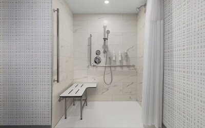Accessible roll-in shower with grab bars, fold-down seat, and handheld showerhead at Hampton Inn By Hilton Montreal East Anjou.
