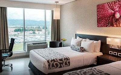 Modern guest room at Crowne Plaza Panama Airport featuring two comfortable beds, a workspace, large windows with city views, and contemporary décor designed for both business and leisure travelers.