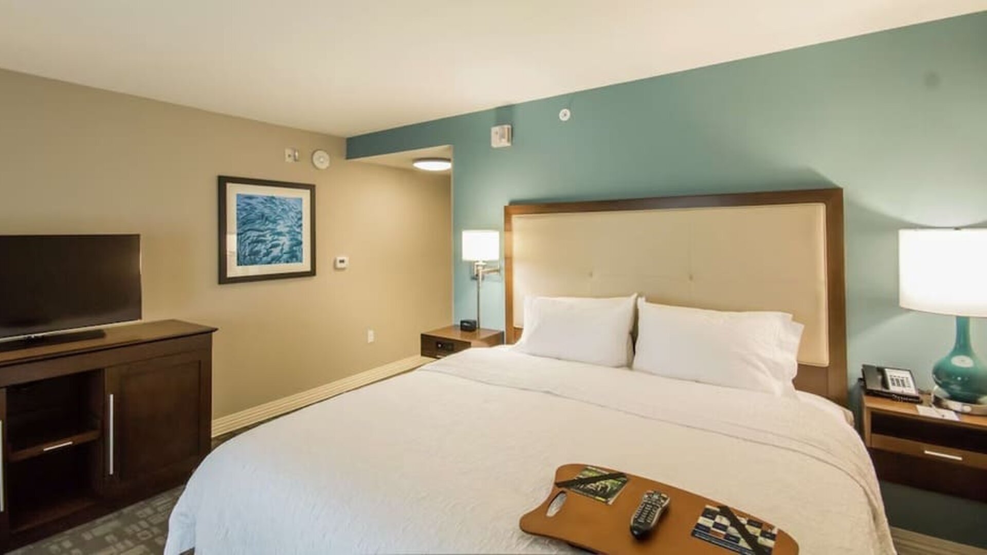 King guest room with plush bedding, flat-screen television, and modern furnishings at Hampton Inn & Suites Orlando at SeaWorld.