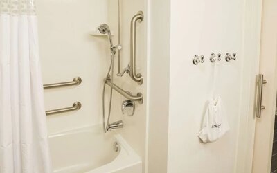 Accessible bathroom with bathtub, grab bars, handheld showerhead, and mobility-friendly features at Hampton Inn & Suites Orlando at SeaWorld.