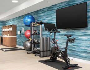 Modern fitness center with stationary bike, free weights, exercise balls, yoga mats, and large wall-mounted TV.