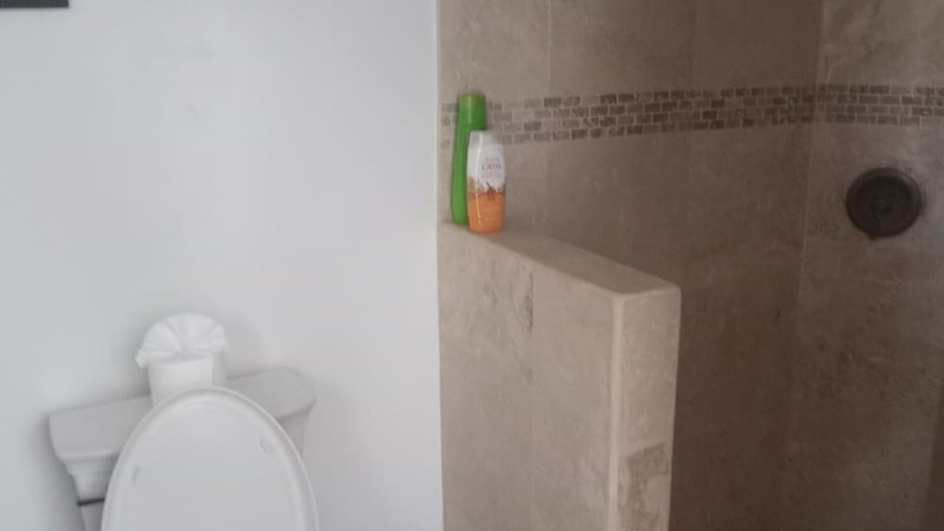 Bathroom with walk-in stone shower, toilet, and modern fixtures at Casa Playa Baja Resort.