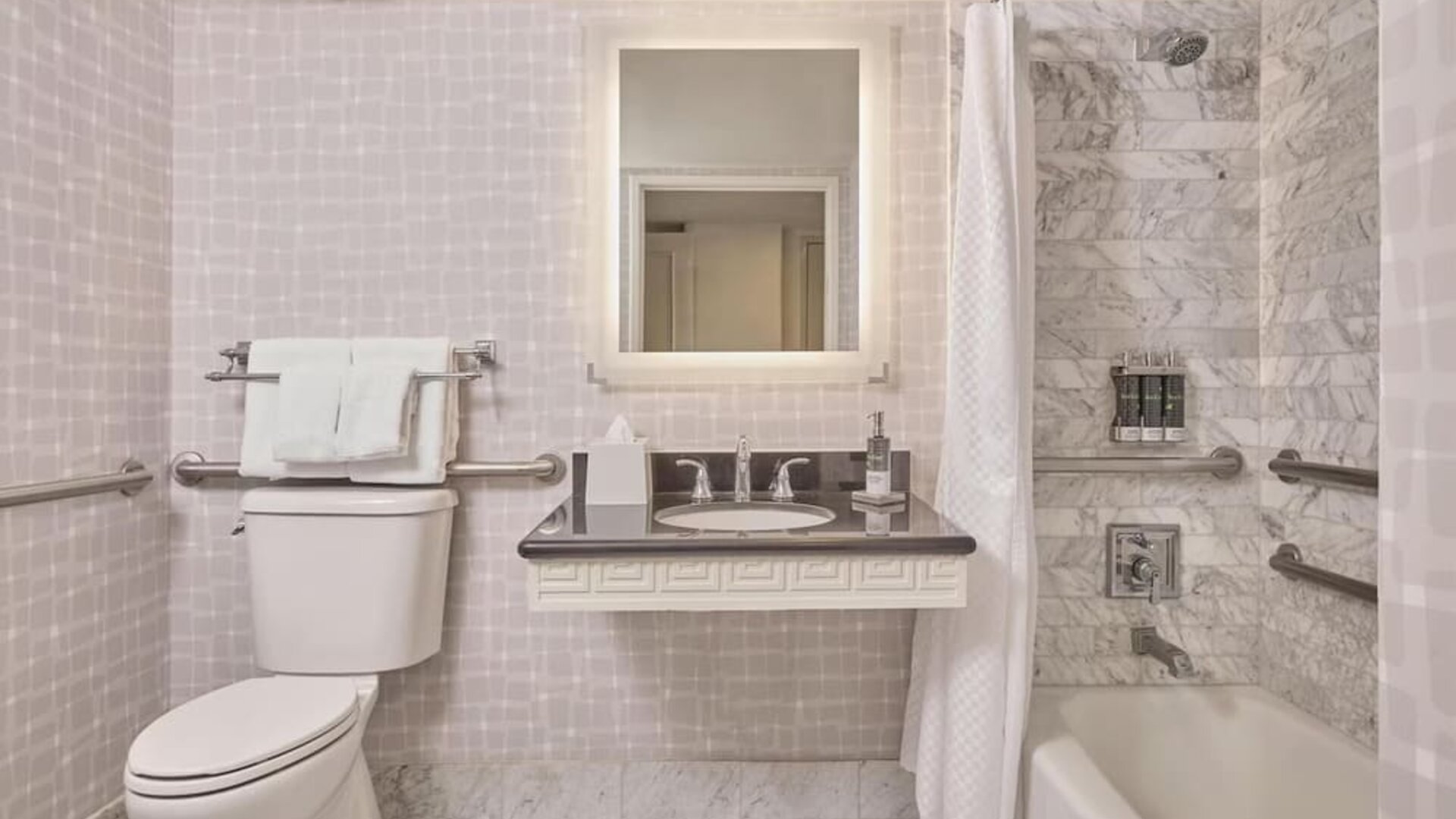 Accessible guest bathroom featuring a roll-in shower, grab bars, spacious layout, and modern vanity at Hyatt Centric Delfina Santa Monica.