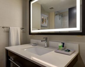 Modern guest bathroom featuring a sleek vanity with illuminated mirror and premium bath amenities at Four Points by Sheraton St. Catharines Niagara Suites.