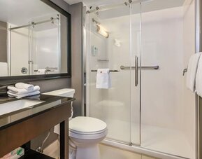 Accessible guest bathroom with a roll-in shower, grab bars, and mobility-friendly features at Comfort Inn Airport East Ancienne-Lorette.