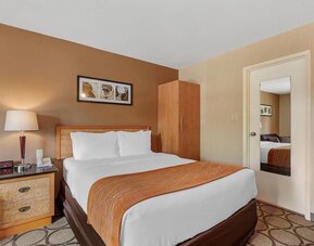 Cozy guest room with a queen bed and wardrobe at Comfort Inn Brantford.