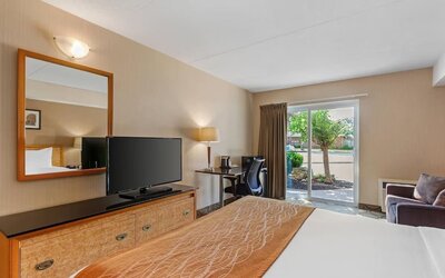 Guest room with a king bed and direct outdoor access at Comfort Inn Brantford.