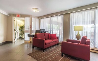 Lobby seating area with large windows at Comfort Inn Sault Ste. Marie.