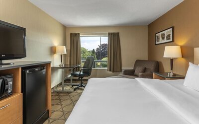 Guest room with a king bed, workspace, and seating area at Comfort Inn Regina.