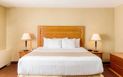 Guest room with a king bed and bedside tables at Days Inn Edmonton Downtown.