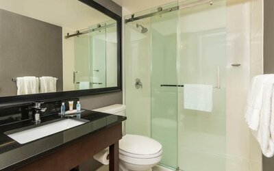 Guest bathroom with a glass walk-in shower and granite vanity at Comfort Inn Ottawa East.