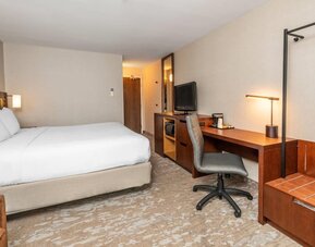 Guest room with a king bed, work desk, and luggage rack at Comfort Inn Ottawa East.