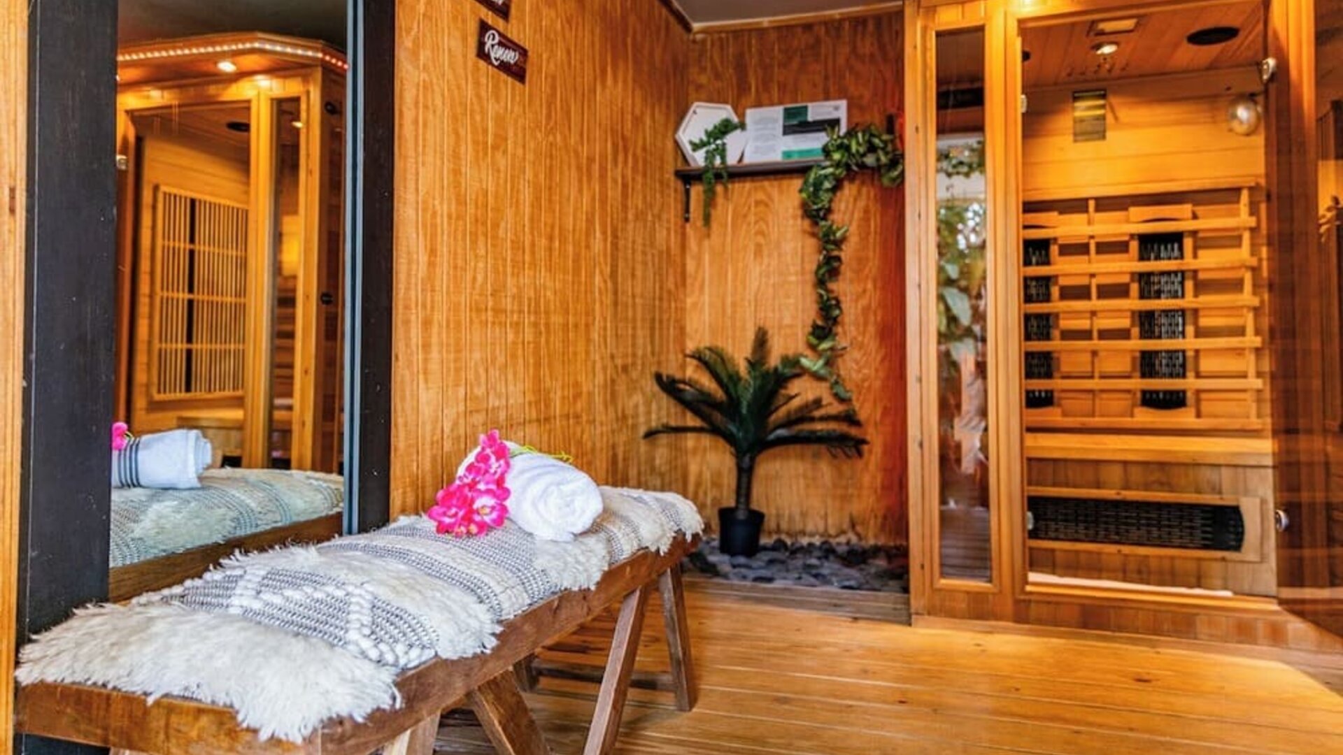 Hotel sauna with wooden benches at Sherry Frontenac Oceanfront Hotel.