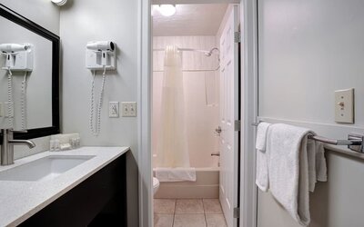 Guest bathroom with a shower and bathtub at Days Inn Vernon.