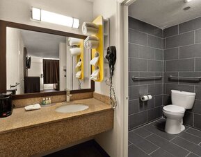 Accessible bathroom with granite vanity, grab bars and roll-in shower area at Quality Inn Yemassee - Point South I-95.