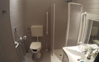 Accessible bathroom with roll-in shower, grab bars and modern fixtures at Dolce Vita Rooms & Breakfast.