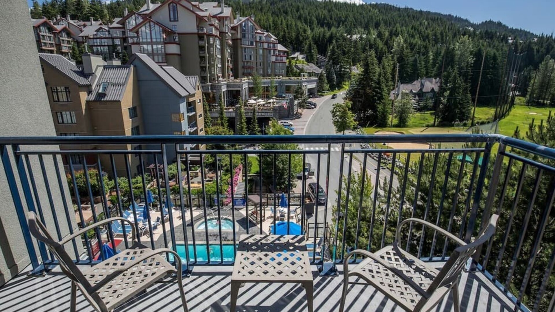Room terrace with panoramic view at Hilton Whistler Resort & Spa.