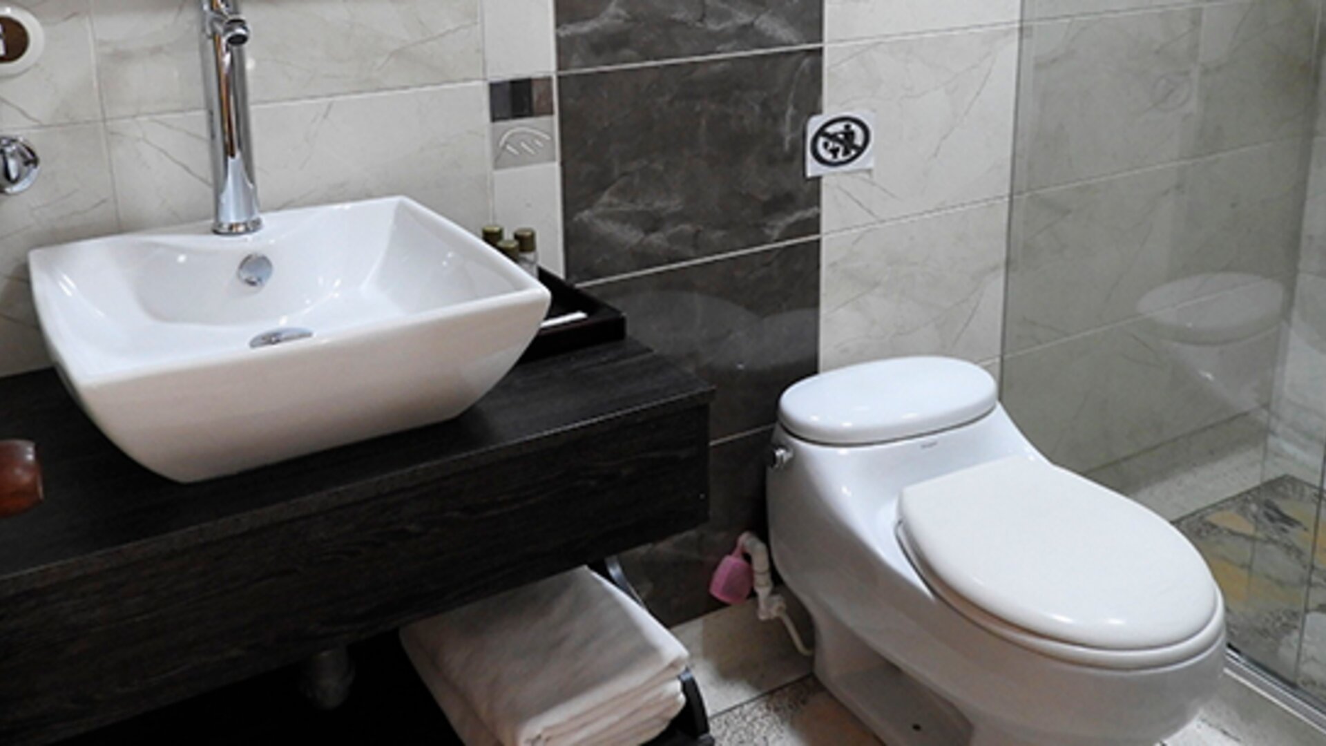 Modern bathroom featuring a vessel sink, toilet and glass-enclosed shower at Hotel Airport Travel.