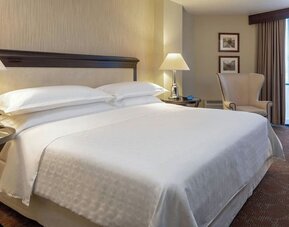 Comfortable guest room featuring a king-size bed, plush seating and a dedicated workspace at Sheraton Houston Brookhollow Hotel.