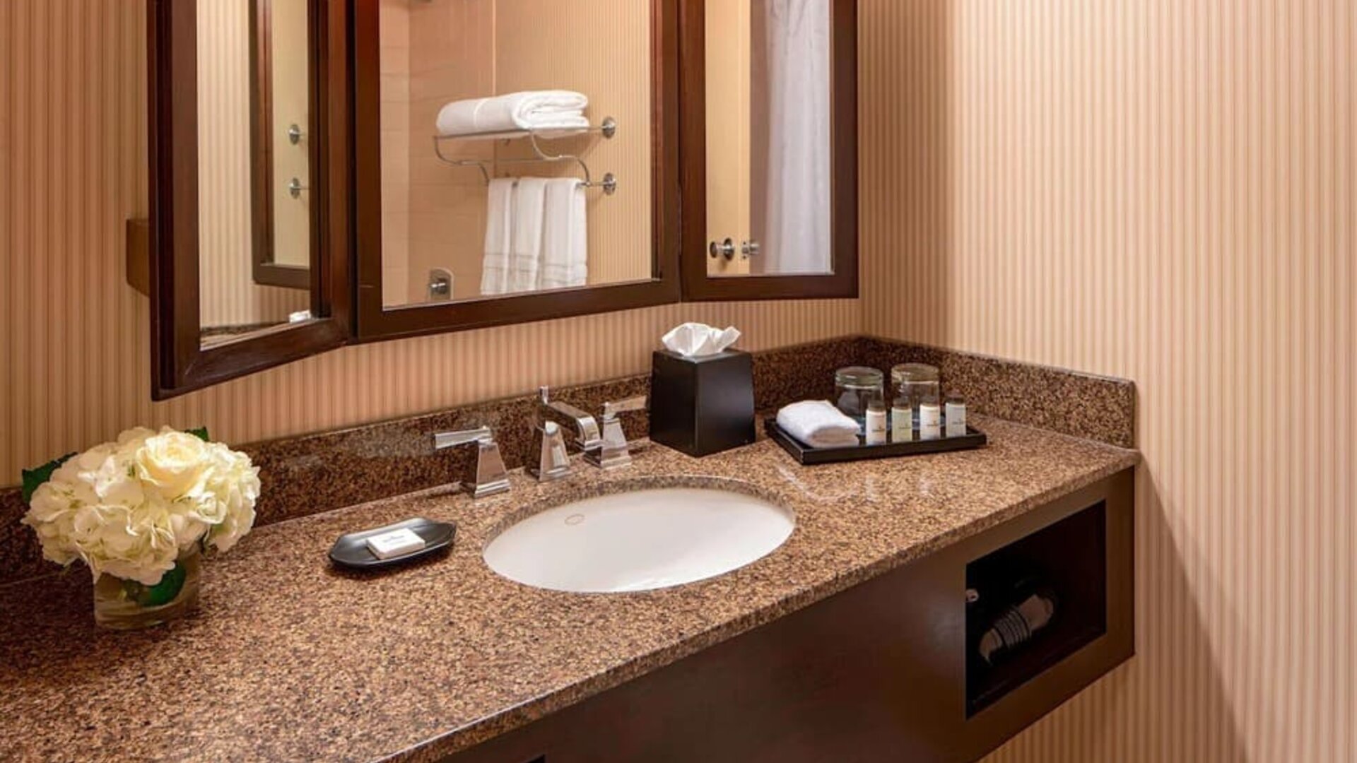 Contemporary bathroom featuring a granite vanity, premium toiletries and framed mirrors at Sheraton Houston Brookhollow Hotel.