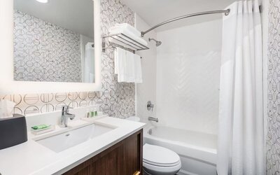 Contemporary bathroom featuring a spacious vanity, modern fixtures and a tub and shower combination at Holiday Inn Toronto Airport East.