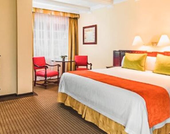 Guest room with one bed featuring handcrafted wood furniture, accent seating, bedside lamps, and classic interior design at Hotel Geneve.