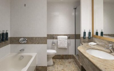 Hotel bathroom with bathtub, glass-enclosed shower, toilet, marble vanity, large mirror and wall-mounted toiletries.