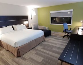 Guest room featuring a king bed, an upholstered chair, a dedicated workspace, and contemporary furnishings at Holiday Inn Express Rolling Meadows-Schaumburg.