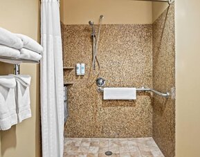 Accessible walk-in shower with granite-style walls, grab bars, mounted bath amenities, and neatly arranged towels at Comfort Suites Frisco.
