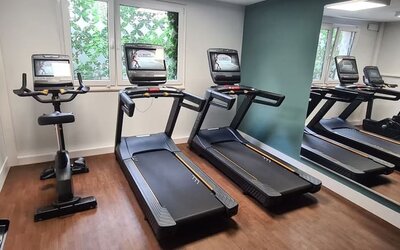 Compact hotel fitness center with two treadmills, a stationary exercise bike, mirrored wall, wood-look flooring, and windows providing natural light.