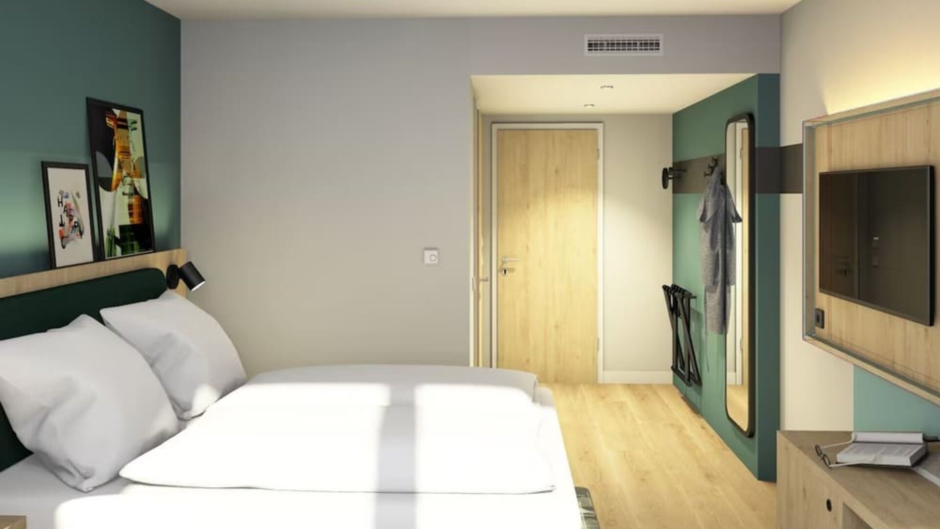 Modern hotel guest room with a large bed dressed in white linens, teal upholstered headboard, light wood flooring, wall-mounted TV, full-length mirror, and luggage rack.