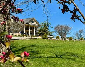 Exterior view of the main building at SKYLARANNA Resort & Spa, surrounded by landscaped lawns, mature trees, and flowering plants.