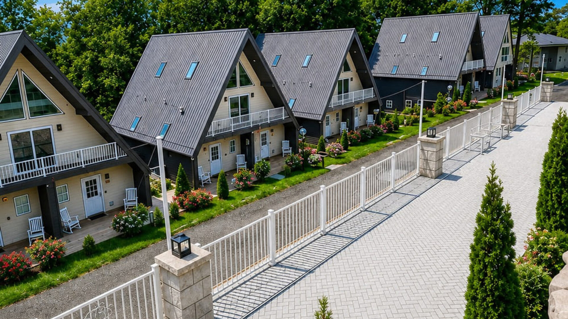 Exterior view featuring chalet-style guest buildings, landscaped grounds, and a paved walkway at SKYLARANNA Resort & Spa.