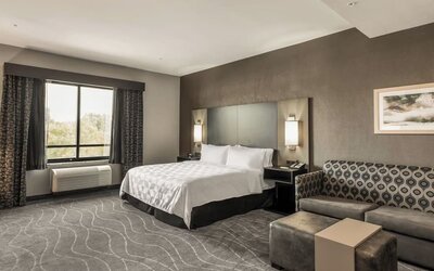 Spacious king room featuring a comfortable bed, sofa seating, large window, and modern furnishings at Holiday Inn & Suites Silicon Valley - Milpitas.
