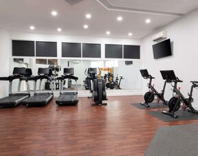 Modern fitness centre featuring treadmills, stationary bikes, cardio equipment, and wall-mounted televisions at Embassy Suites by Hilton Crystal City National Airport.