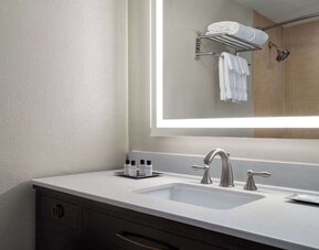 Modern guest bathroom vanity featuring a spacious countertop, illuminated mirror, toiletries, and contemporary fixtures at Wyndham Garden Pittsburgh Airport.