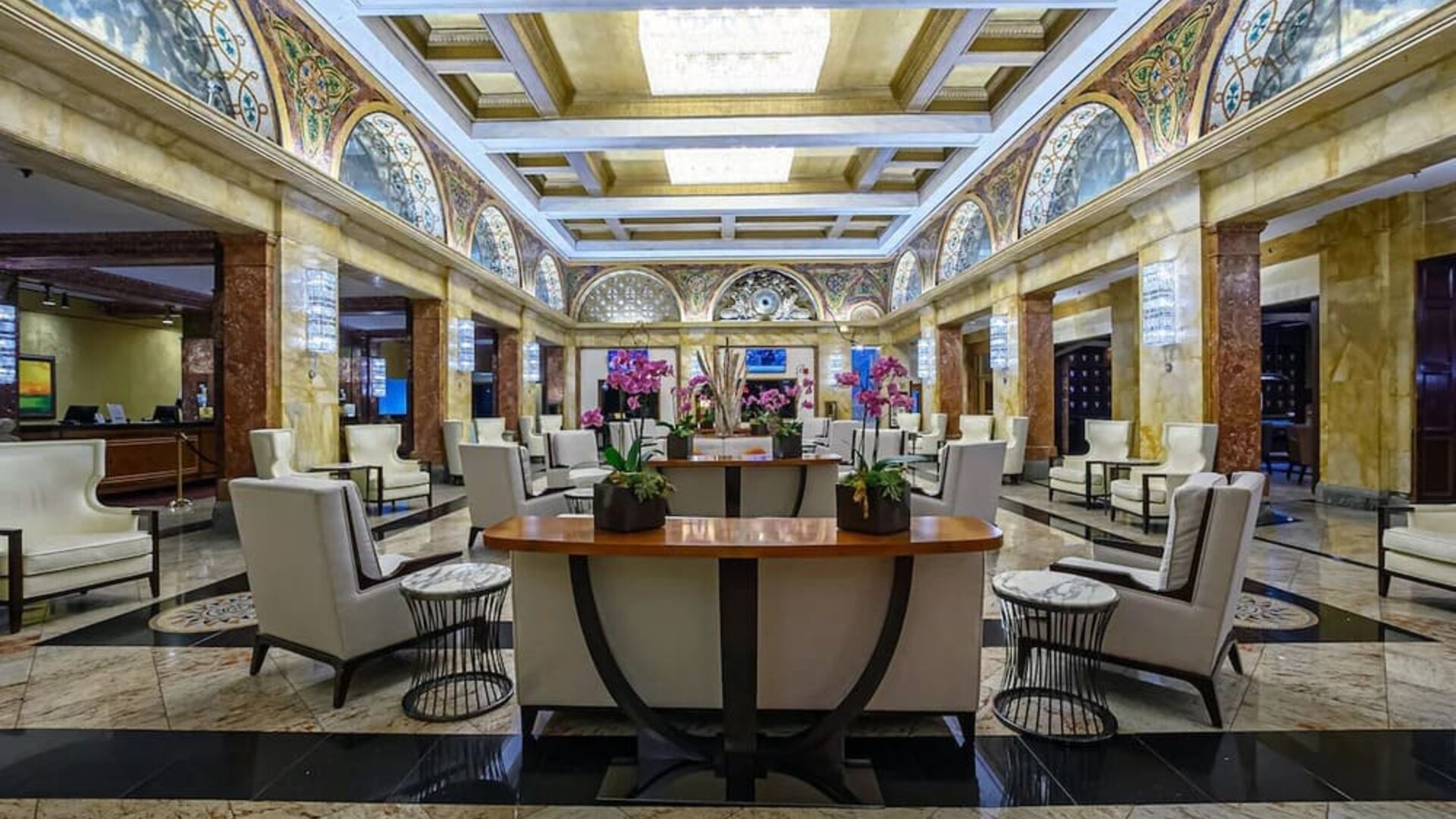 Lobby and coworking lounge at Congress Plaza Hotel.